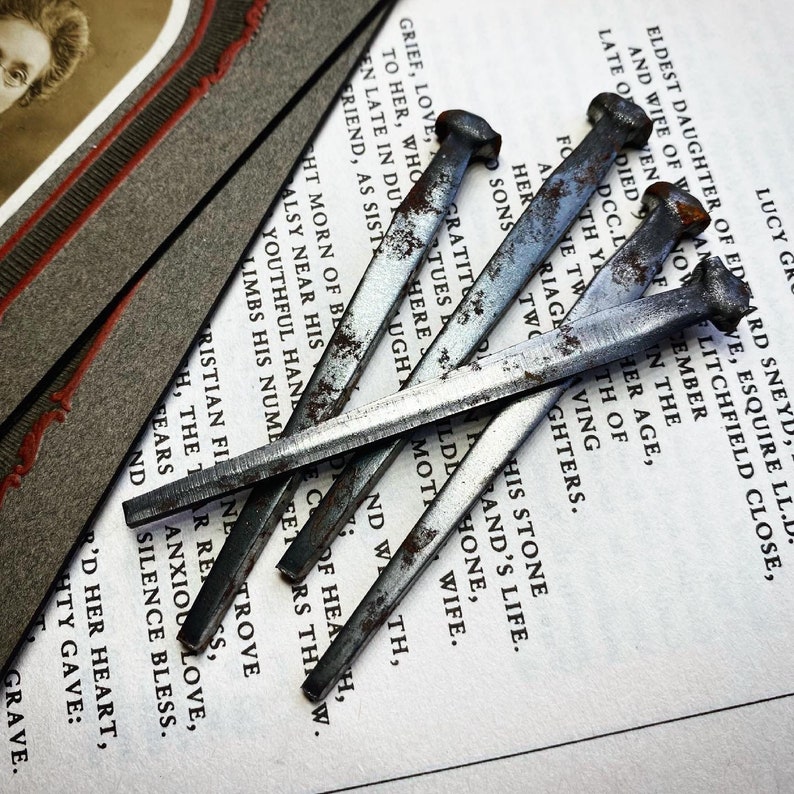 May include: A close-up of five rusty metal nails on a page of an old book. The book is open to a page with text about a woman's life and death. The nails are arranged in a criss-cross pattern.