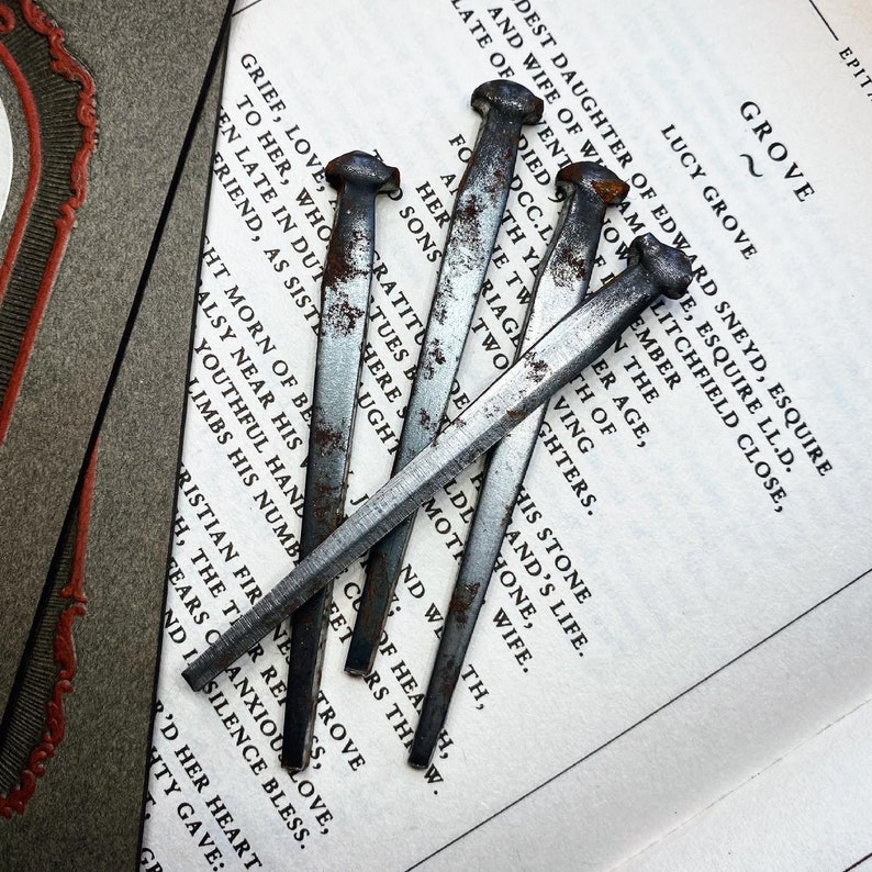 May include: A close-up of six rusty nails on a page of a book with text about Lucy Grove, the daughter of Edward Sneyd, Esquire, and wife of William, Esquire, LL.D. of Litchfield Close.