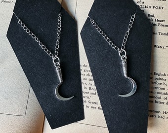 Scythe necklace, gothic silver jewelry, grim reaper sickle pendant, oddities and curiosities, death and memento mori