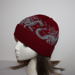 Dragons on a Knitted Beanie Hat in a choice of colours - with or without pompom - teenagers upto adult size