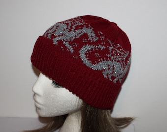 Dragons on a Knitted Beanie Hat in a choice of colours - with or without pompom - teenagers upto adult size