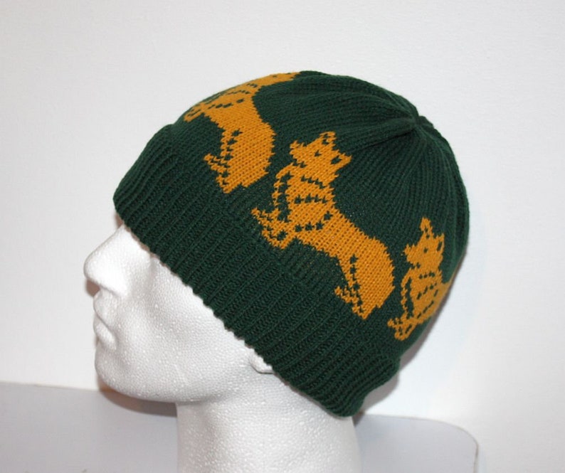 with or without pompom top Teen to Adult unisex size Dark Green beanie hat with golden Corgi dogs