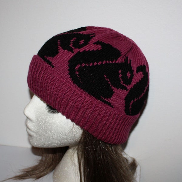 Deep Pink Beanie Hat with Black Squirrels - with or without Pompom option - teenager to adult size