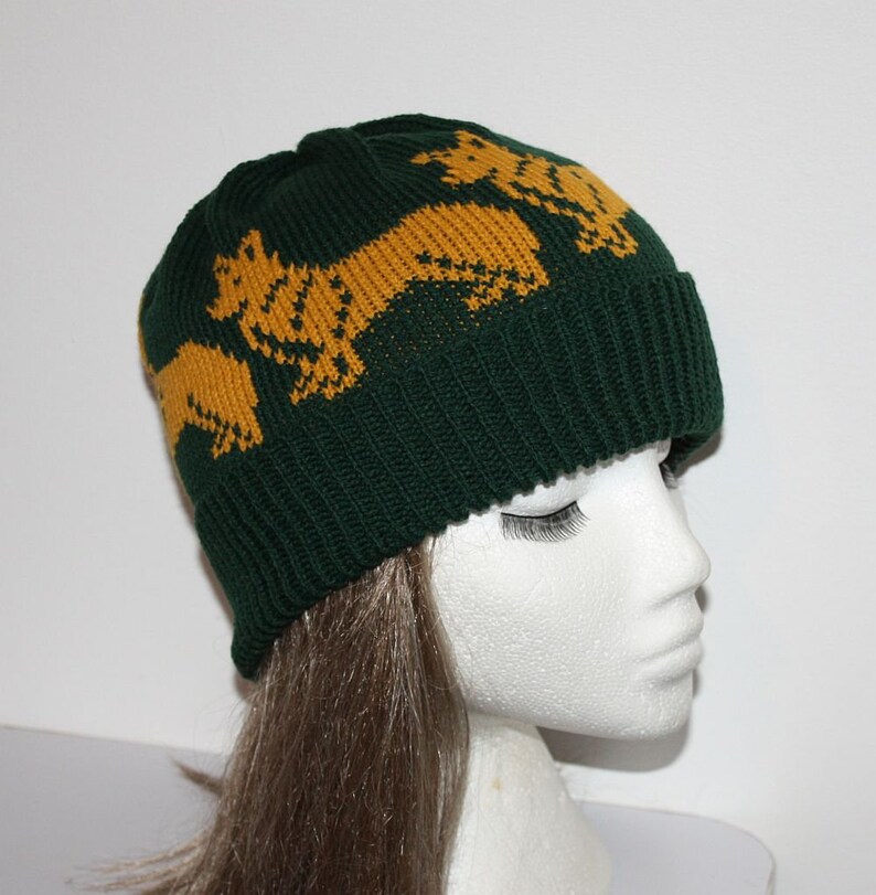 with or without pompom top Teen to Adult unisex size Dark Green beanie hat with golden Corgi dogs