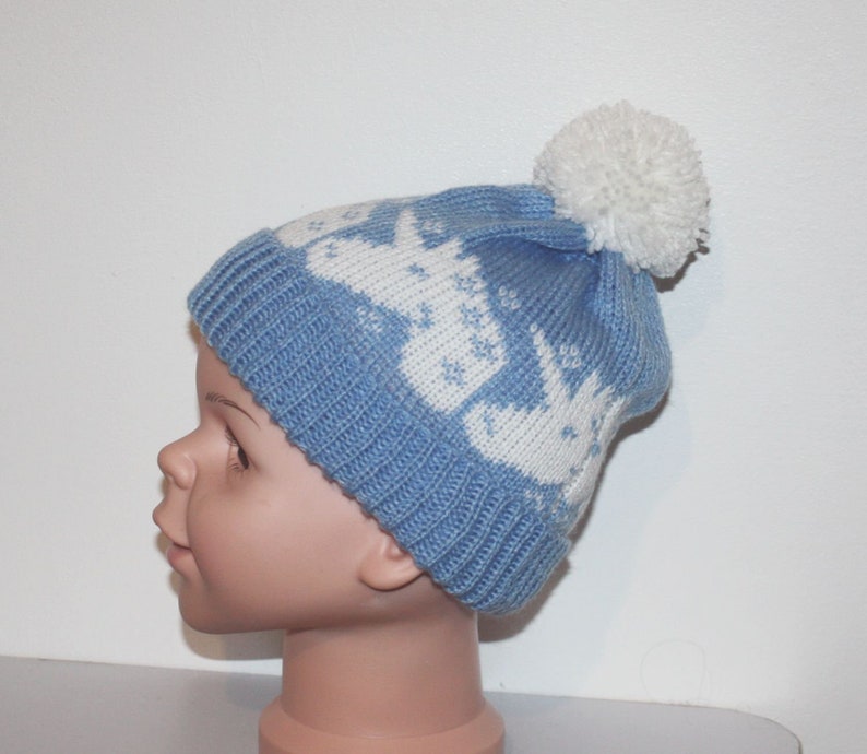 ready to ship with or without pompom Childrens size 1-3 years Blue with White Unicorns Pompom Beanie Hat