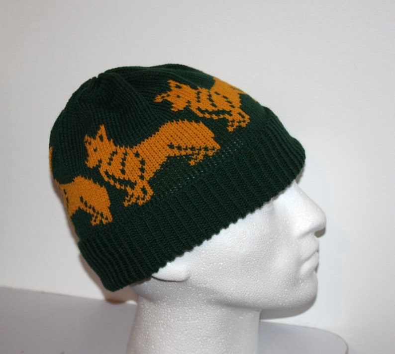 with or without pompom top Teen to Adult unisex size Dark Green beanie hat with golden Corgi dogs