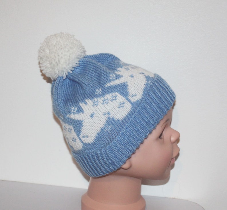ready to ship with or without pompom Childrens size 1-3 years Blue with White Unicorns Pompom Beanie Hat