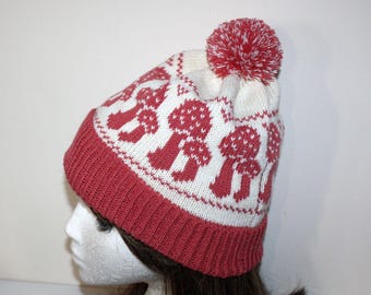Mushrooms or Toadstools in Watermelon Pink and Cream Knit Beanie Hat - with or without pompom - teenager to adults size READY TO SHIP