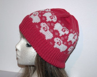 Pink beanie hat with Sheep in White - with or without pompom top - Teen to Adult unisex size READY TO SHIP