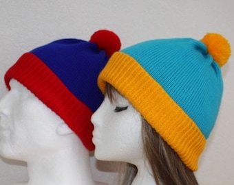 Red Blue Stan or Blue Yellow Cartman, South Park Cosplay pompom beanie hat, Childrens, Teenager upto Adult size