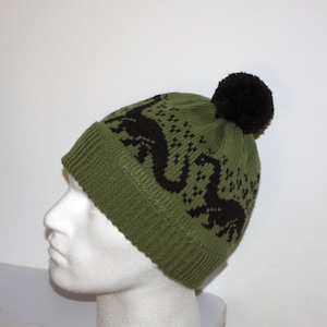Knitted Beanie hat with Brontosaurus Dinosaurs in a Choice of Colours - with or without pompom - Teenager upto Adult unisex size