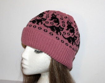 Black Cats Kittens on Dusty Pink Knit Beanie Hat - with or without pompom top - teenager to adult size