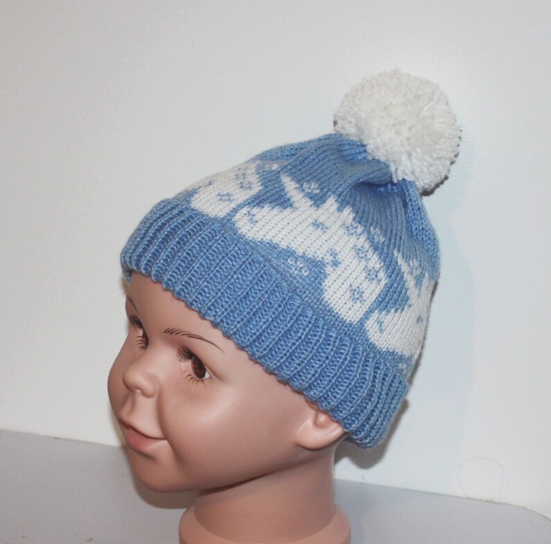 ready to ship with or without pompom Childrens size 1-3 years Blue with White Unicorns Pompom Beanie Hat