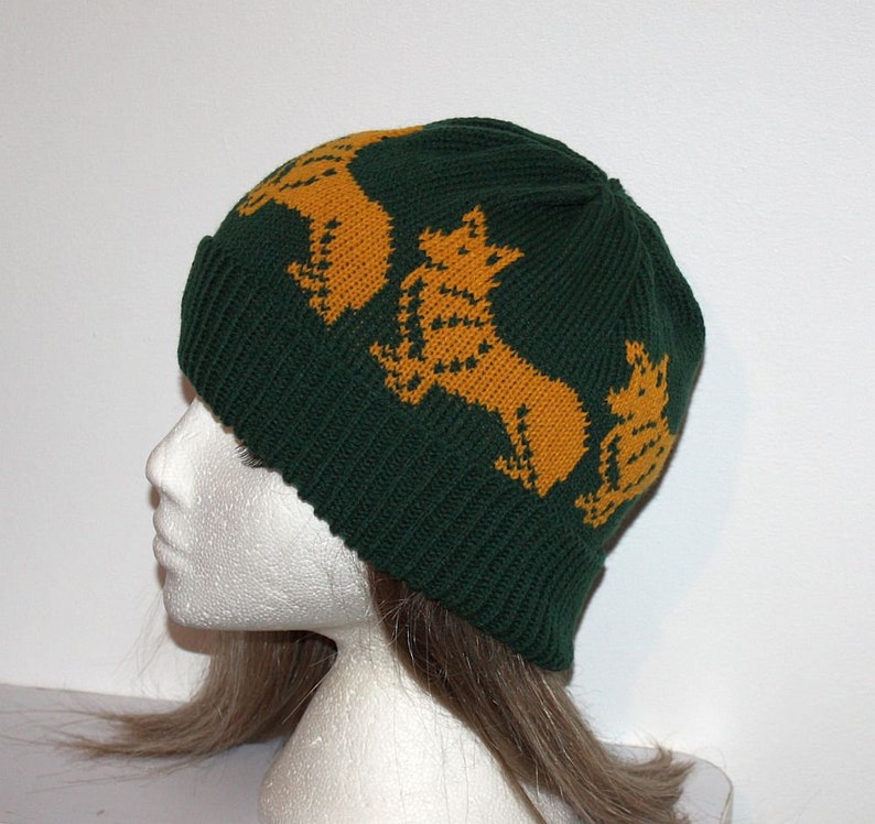 with or without pompom top Teen to Adult unisex size Dark Green beanie hat with golden Corgi dogs
