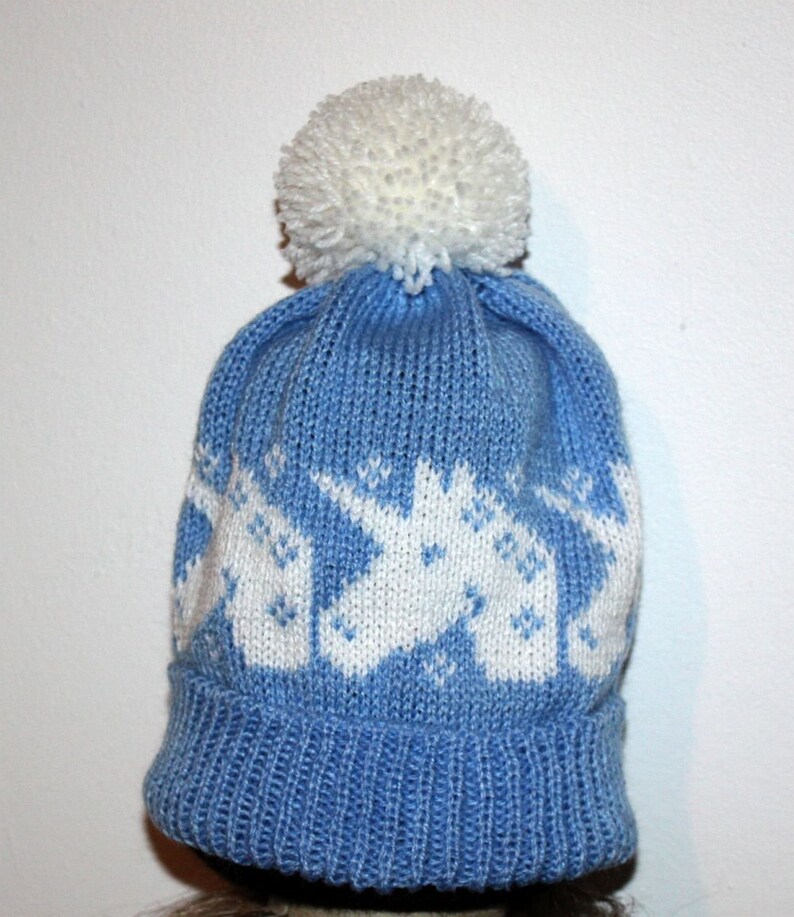 ready to ship with or without pompom Childrens size 1-3 years Blue with White Unicorns Pompom Beanie Hat