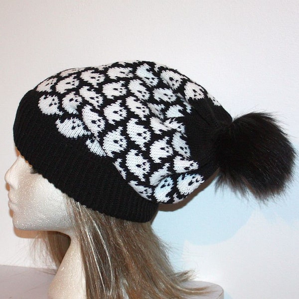 White Halloween Ghosts in a Choice of Colours Slouchy Beanie Hat - with or without pompom - teenage adult size