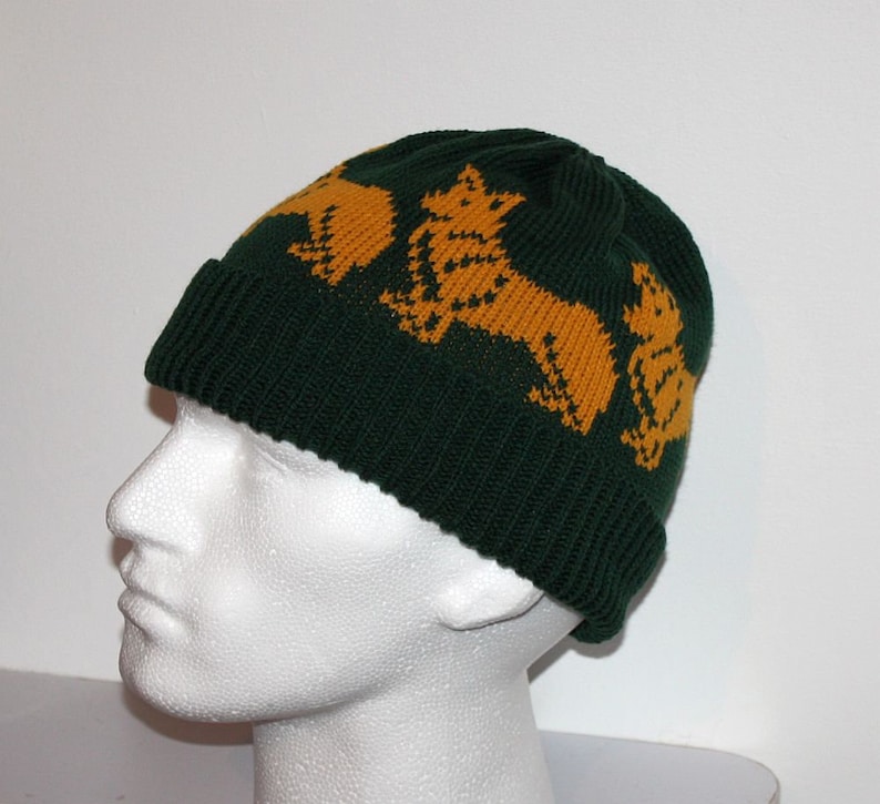 with or without pompom top Teen to Adult unisex size Dark Green beanie hat with golden Corgi dogs
