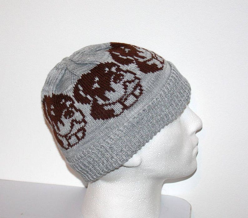 with or without pompom top Grey beanie hat with Brown Staffordshire Bull Terrier dog