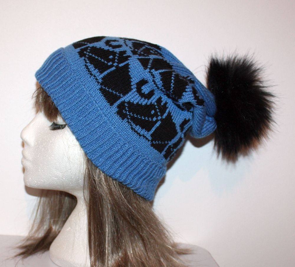 Black Horses on a Cornflower Blue Slouchy Beanie Hat Faux Fur Pompom Teen  to Adult Unisex Size With or Without Pompom 