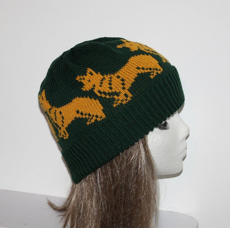 with or without pompom top Teen to Adult unisex size Dark Green beanie hat with golden Corgi dogs