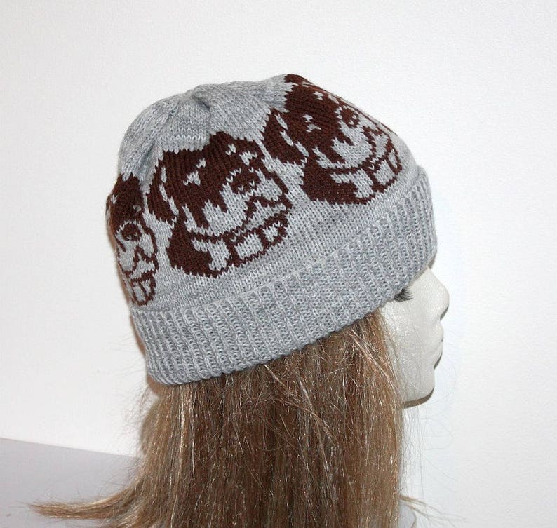 with or without pompom top Grey beanie hat with Brown Staffordshire Bull Terrier dog