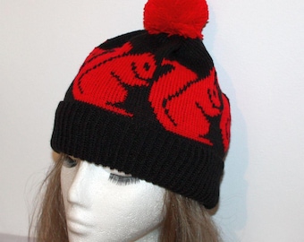 Black Knitted Beanie Hat with Red Squirrels - with or without Pompom option - teenager to adult size READY TO SHIP
