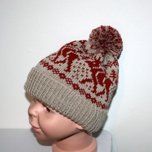 May include: A knitted winter hat with a red and beige pattern and a matching pom-pom. The hat features a ribbed brim and a repeating design. The hat is designed to keep the head warm during cold weather.