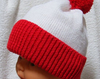 Red and White Football, Wheres Wally Waldo Inspired pompom beanie hat - Childrens 3-8 year old and Adults size