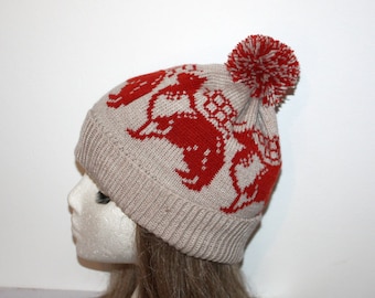 Rusty Red Sable Sheltie Rough Collie Sprollie Dogs pompom on beige beanie hat -Teen to adult unisex size