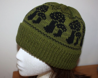 Black Toad Stools Mushrooms on a Sage Green Beanie Hat - with or without Pompom option - teenager to adult sizes READY TO SHIP