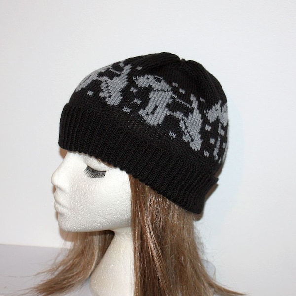 Welsh, Wire Fox, Lakeland Terrier Dogs on Black Beanie Hat - With or without pompom option -Teen to Adult unisex size