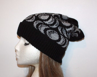 Slouchy Black Knit Beanie Hat with Grey and Lurex Moon Phases - Unisex Adults size