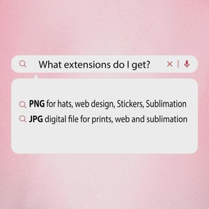 May include: A digital design query on a pink background. The question "What extensions do I get?" is displayed above a list of file types: PNG for hats, web design, stickers, sublimation, and JPG for prints, web, and sublimation.