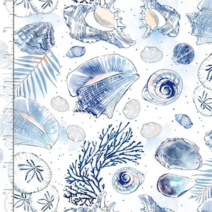 May include: A seamless pattern featuring blue and white watercolor illustrations of seashells, sand dollars, and coral. The background is white with a subtle blue watercolor wash.