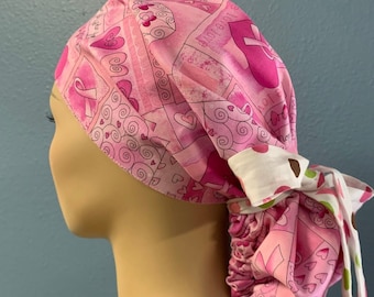 Pink Ribbons Custom Made Bonnet/Ponytail Cap Hat 100% Cotton/Poly Reversible Elasticized With Ties Healthcare Frontliners Doctors Nurses EMS