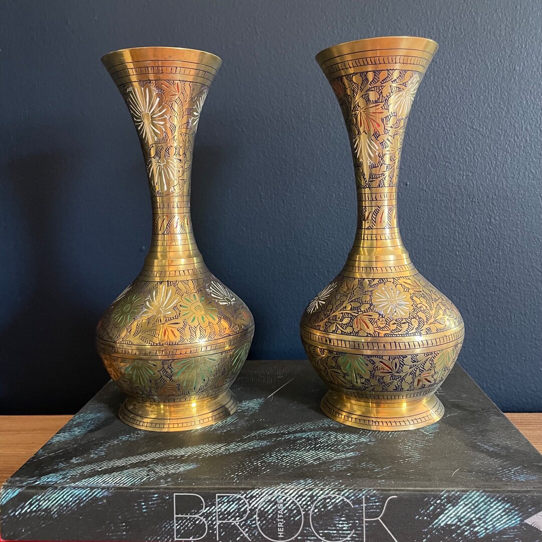 Vintage Brass Vases Brass Etched Vase Boho Vase Etsy