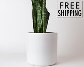 Matte White Ceramic Cylinder Planter Pot Mid Century Modern Planter, Large Indoor Planter