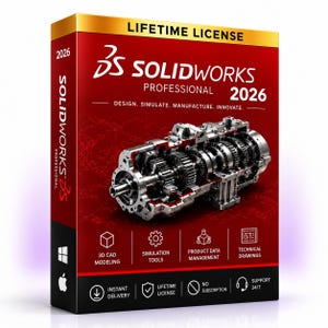 May include: A red and black software box for SolidWorks Professional 2026. The front features the text Lifetime License, SolidWorks Professional 2026, and Design. Simulate. Manufacture. Innovate. It displays a mechanical gear assembly graphic.