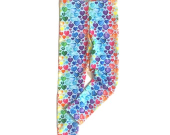 Kids hearts rainbow watercolour leggings cotton spandex classic fit elastic waist, multicolour blue primary colours unisex sizes 2-10