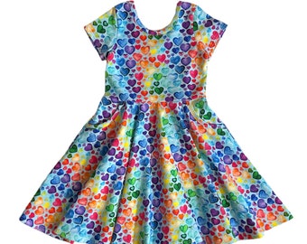 Girls kids twirly hearts rainbow blue dress full circle skirt rainbow dress with pockets ballet bodice scoop back short sleeve