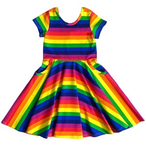 Girls kids twirly rainbow dress full circle skirt rainbow dress with pockets ballet bodice scoop back short sleeve