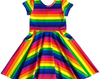Girls kids twirly rainbow dress full circle skirt rainbow dress with pockets ballet bodice scoop back short sleeve