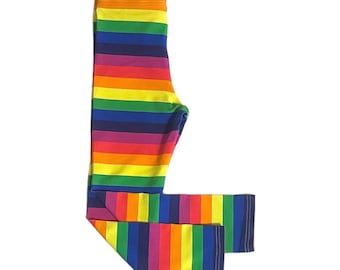 Kids rainbow leggings rainbow stripe leggings cotton spandex classic fit elastic waist, primary colours, classic rainbow, bright sizes 2-10