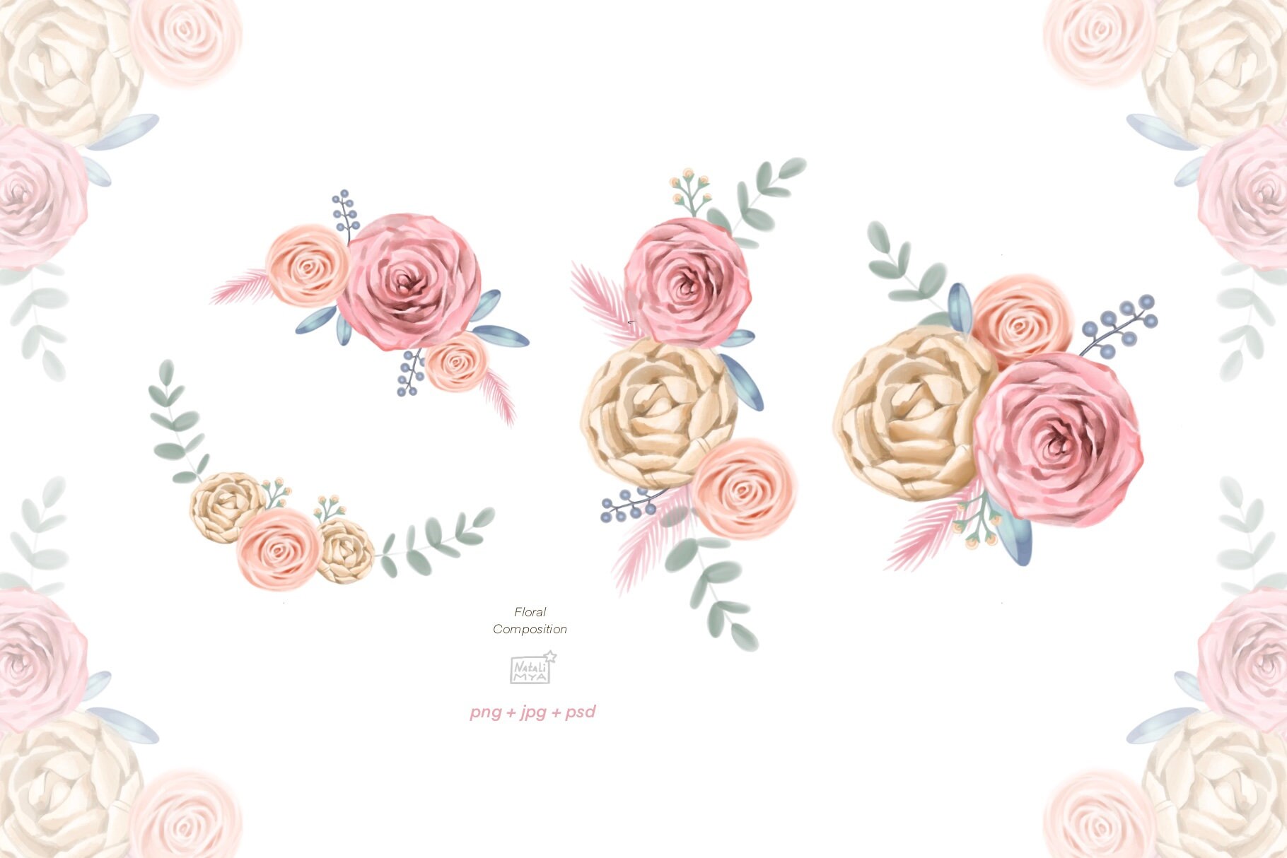 Watercolor roses PNG cliparts. Clip art flowers png. Digital | Etsy