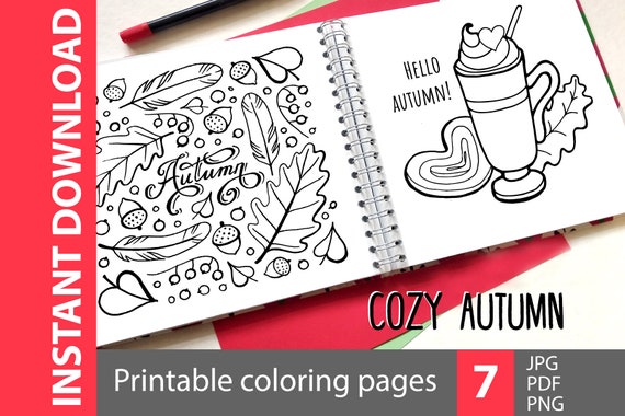 Cozy autumn  coloring book printable page pdf. Cute fall png