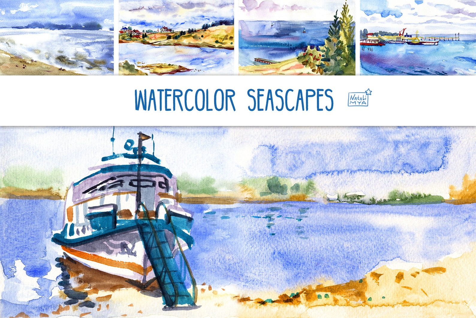 5 watercolor digital seascapes. Printable marine landscape | Etsy