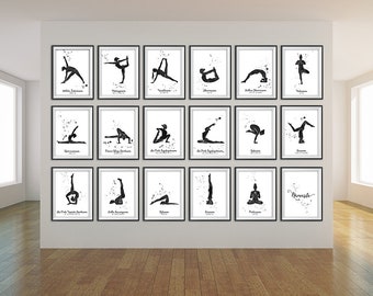 Set of 18 Yoga Pose Prints with Sanskrit & Common Names, Yoga Postures, Asana Prints, Yoga Art, Yoga Studio Decor, Watercolour Art, Digital