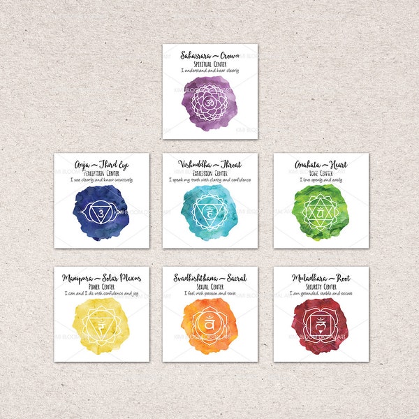 Conjunto de 7 tarjetas de chakras de 3"sq, arte de chakras, siete chakras, arte imprimible de chakras, meditación, equilibrio de chakras, acuarela, descarga instantánea