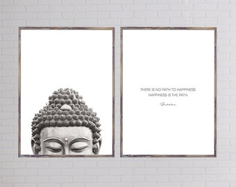 Set of 2 Happiness is the path... Buddha Quote, Buddha Wall Art, Yoga Print, Boho Decor, Black and White Print Sets