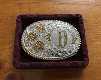 Vintage Western Engraved Belt Buckle Initial D Crumrine signed G.U. 84 Silver Plated Unisex